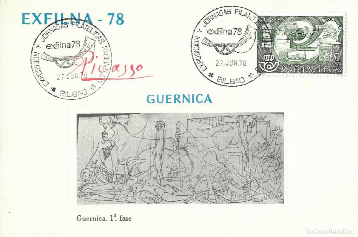 Sellos: PINTURA GUERNICA PICASSO 1&ordf; FASE EN HOJITA MATASELLOS EXFILNA 78 BILBAO EXPOSICION Y JORNADAS RARO