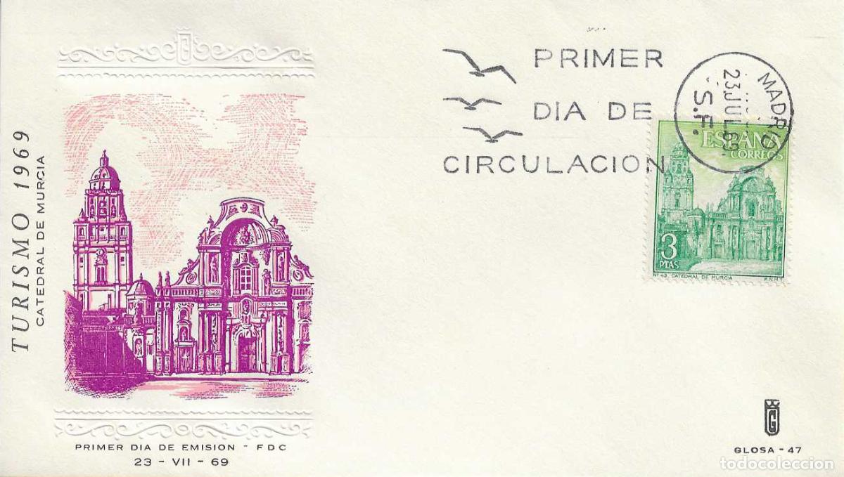 Sellos: RELIGION CATEDRAL DE MURCIA SERIE TURISTICA 1969 (EDIFIL 1936) EN SOBRE PRIMER DIA DE GLOSA MUY RARO