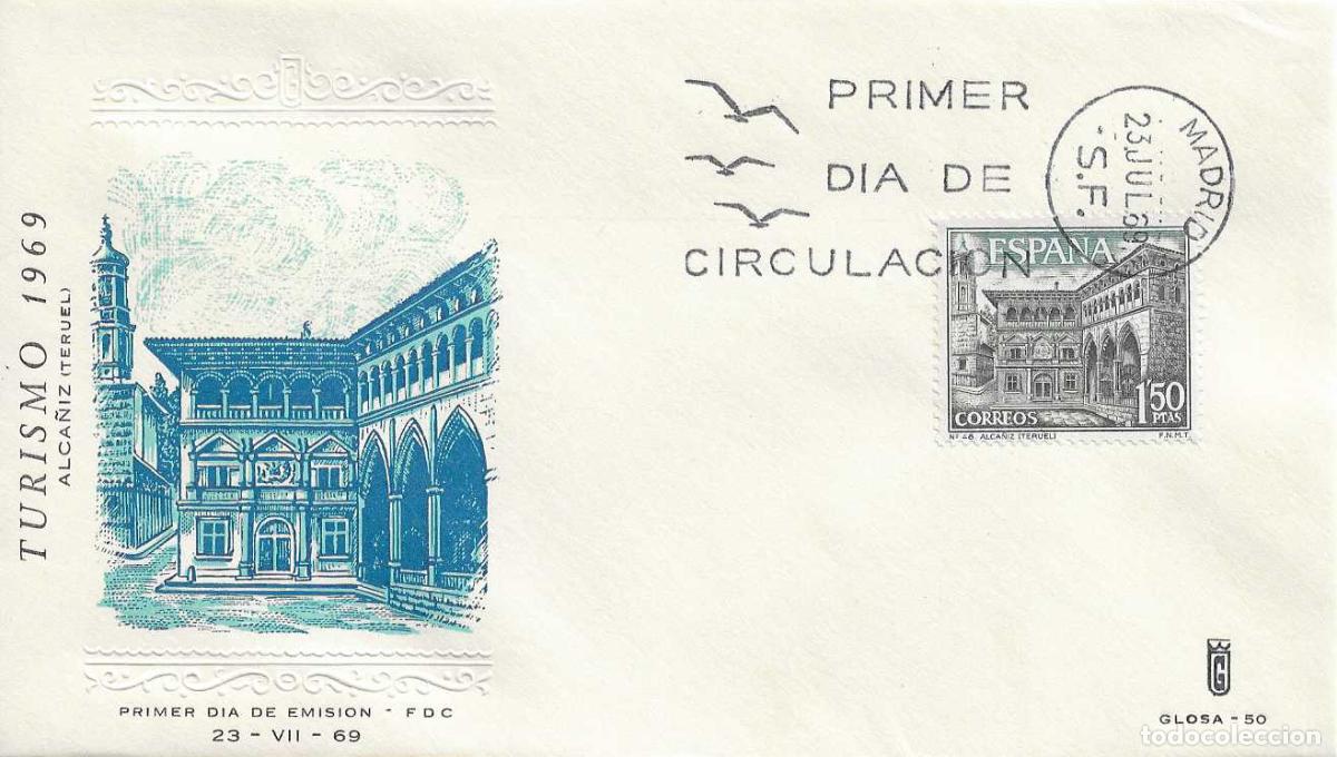 Sellos: AYUNTAMIENTO DE ALCA&Ntilde;IZ TERUEL SERIE TURISTICA 1969 (EDIFIL 1935) EN SOBRE PRIMER DIA GLOSA MUY RARO