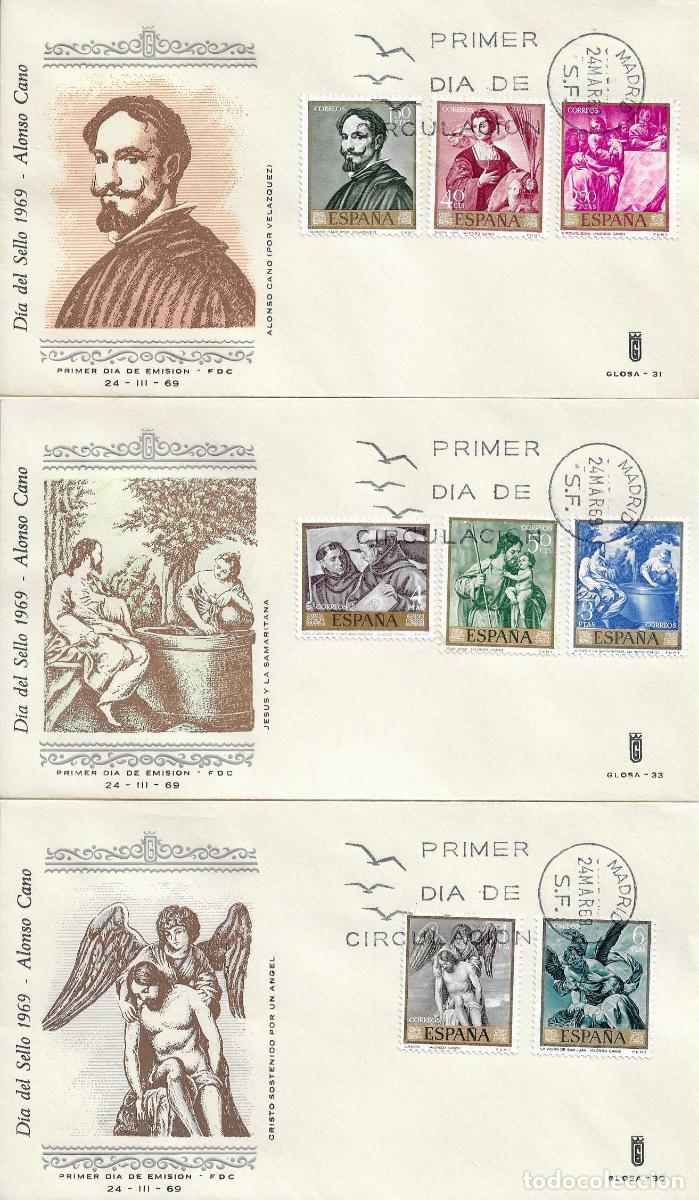 Sellos: PINTURA ALONSO CANO 1969 (EDIFIL 1910/19) EN CUATRO SOBRES PRIMER DIA DE GLOSA. BONITOS Y MUY RAROS