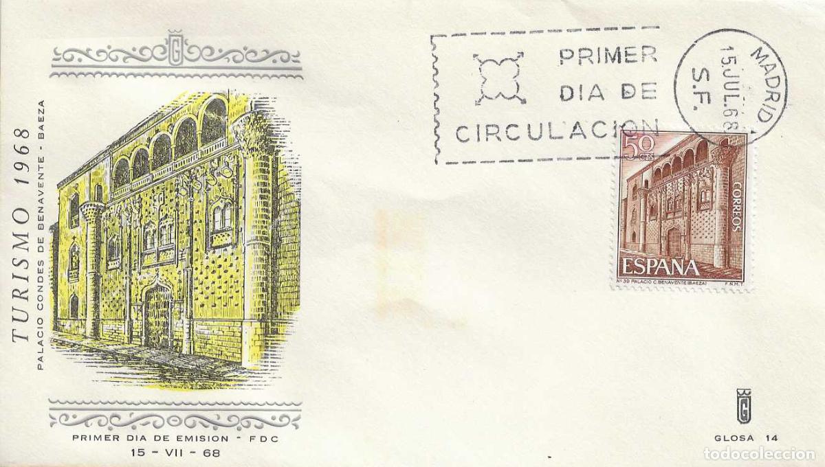 Sellos: PALACIO DE BENAVENTE BAEZA JAEN SERIE TURISTICA 1968 (EDIFIL 1875) SOBRE PRIMER DIA GLOSA MUY RARO