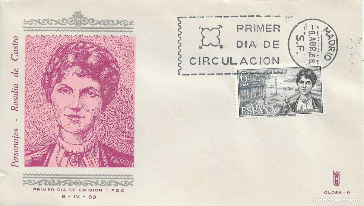 Sellos: ROSALIA DE CASTRO PERSONAJES ESPA&Ntilde;OLES 1968 (EDIFIL 1867) EN SOBRE PRIMER DIA DE GLOSA MUY RARO