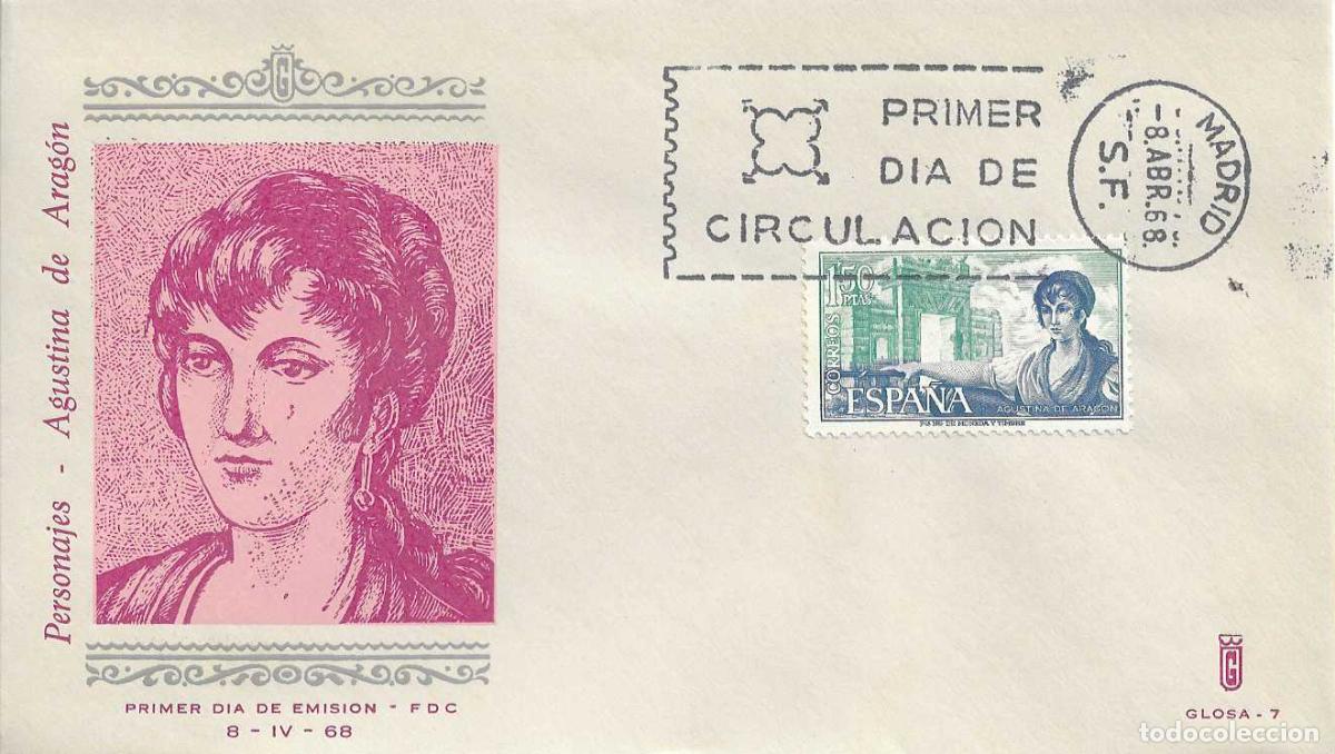 Sellos: AGUSTINA DE ARAGON PERSONAJES ESPA&Ntilde;OLES 1968 (EDIFIL 1865) EN SOBRE PRIMER DIA DE GLOSA MUY RARO ASI