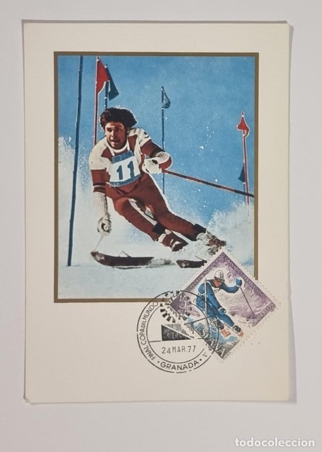 Sellos: GRANADA 1977 - DEPORTES - MATASELLO ESPECIAL COPA DEL MUNDO SIERRA NEVADA TARJETA