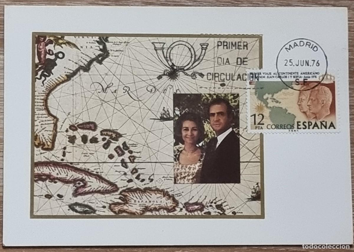 Sellos: TARJETA MATASELLO 1&ordm; D&Iacute;A PRIMER VIAJE AL CONTINENTE AMERICANO S.S. M.M. JUAN CARLOS I Y SOF&Iacute;A
