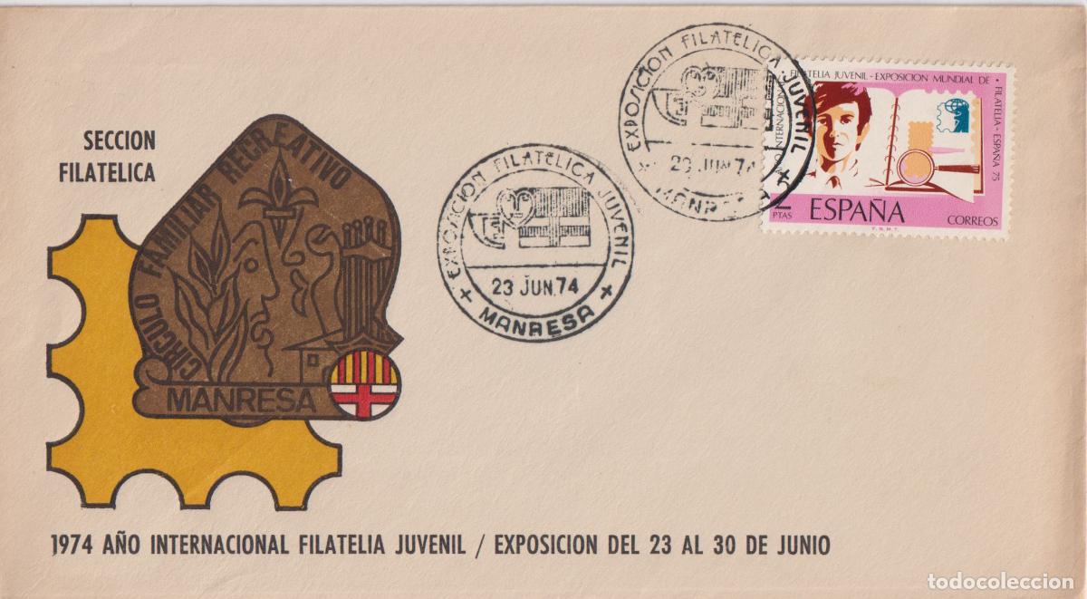 Sellos: S.P.D. CIRCULACI&Oacute;N - 1974 A&Ntilde;O INTERNACIONAL FILATELIA JUVENIL - EXPOSICI&Oacute;N - 23.JUN.74 - MANRESA