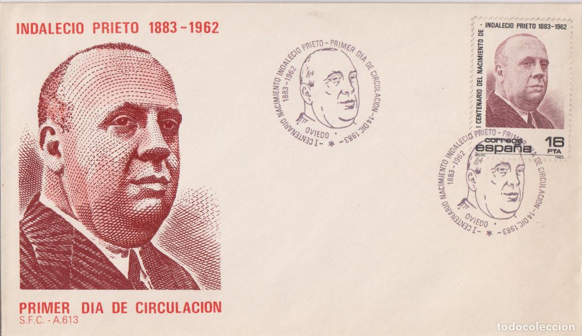 Sellos: S.P.D. CIRCULACI&Oacute;N - I CENTENARIO NACIMIENTO INDALECIO PRIETO (1883-1962) - OVIEDO - S.F.C. A 613