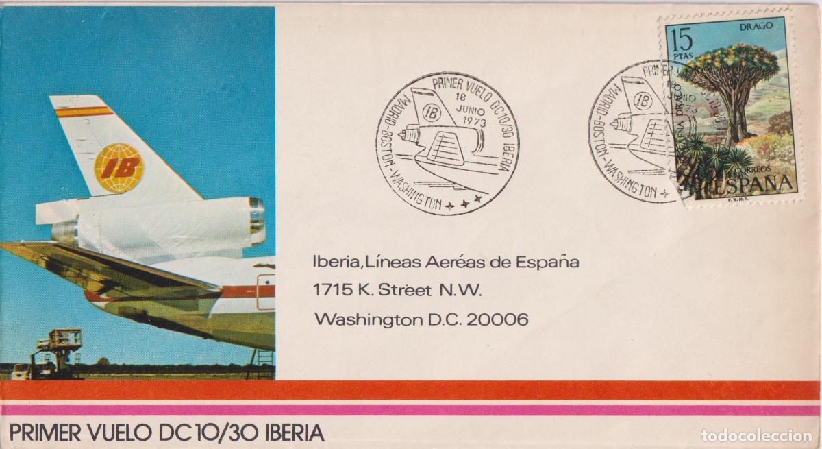 Sellos: S.P.D. CIRCULACI&Oacute;N - PRIMER VUELO DC 10/30 IBERIA - MADRID/BOSTON/WASHINGTON - 18.JUN.73
