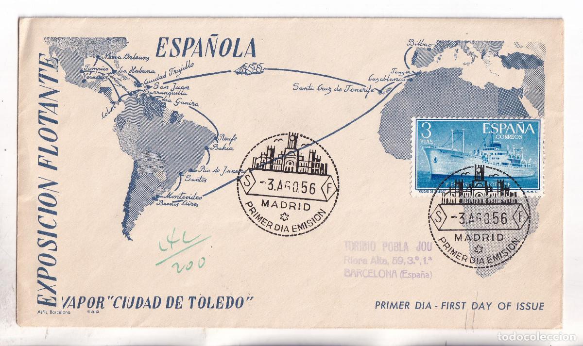 Sellos: SOBRE PRIMER D&Iacute;A. 1956. EXPOSICI&Oacute;N FLOTANTE. VAPOR CIUDAD DE TOLEDO