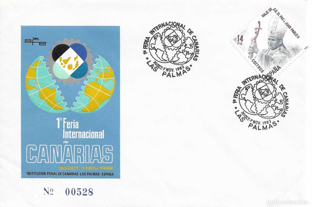 Sellos: 1&ordf; FERIA INTERNACIONAL DE CANARIAS, LAS PALMAS 1982. MATASELLOS EN RARO SOBRE ILUSTRADO Y NUMERADO