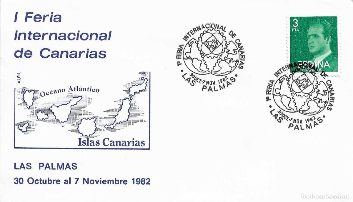Sellos: 1&ordf; FERIA INTERNACIONAL DE CANARIAS, LAS PALMAS 1982. RARO MATASELLOS EN SOBRE DE ALFIL