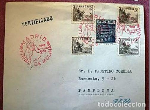 Sellos: SOBRE CIRCULADO .MATASELLOS ROJOS TIRSO DE MOLINA 300 ANIVERSARIO, MADRID 1948