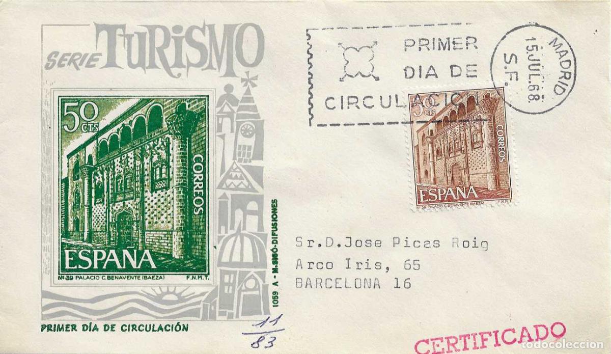 Sellos: PALACIO DE BENAVENTE BAEZA JAEN SERIE TURISTICA 1968 (EDIFIL 1875) EN SPD CIRCULADO DE MS RARO ASI