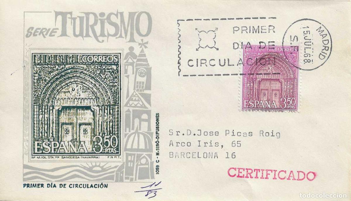 Sellos: IGLESIA DE SANTA MARIA SANG&Uuml;ESA NAVARRA SERIE TURISTICA 1968 (EDIFIL 1879) EN SPD CIRCULADO MS RARO