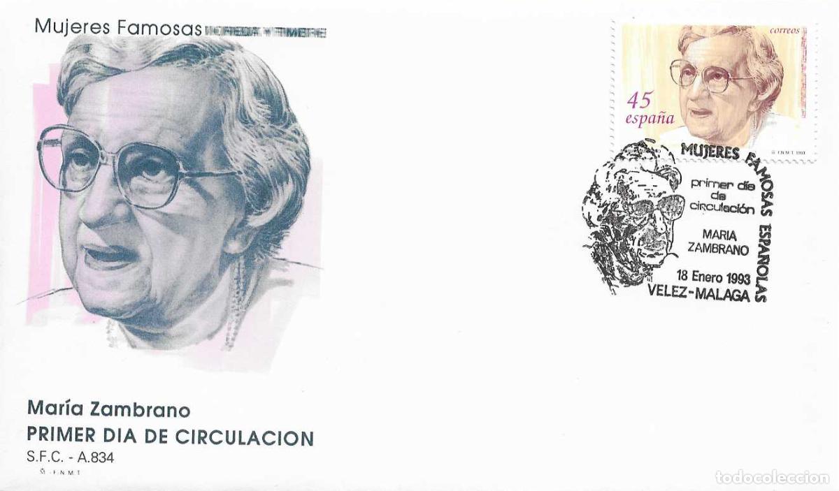 Sellos: MARIA ZAMBRANO MUJERES FAMOSAS ESPA&Ntilde;OLAS 1993 (EDIFIL 3241) SPD DEL SERVICIO FILATELICO VELEZ-MALAGA