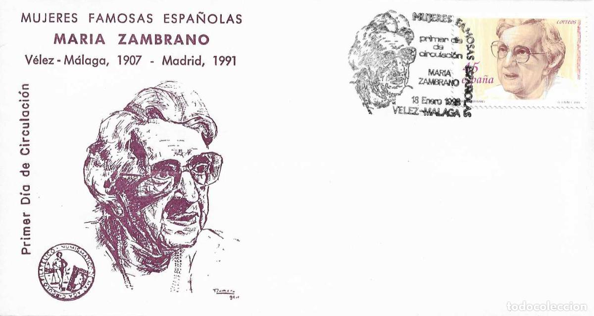 Sellos: MARIA ZAMBRANO MUJERES FAMOSAS ESPA&Ntilde;OLAS 1993 (EDIFIL 3241) EN SPD ILUSTRADO MATASELLOS VELEZ-MALAGA