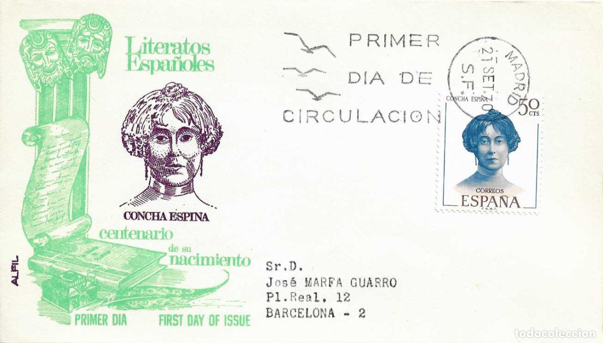 Sellos: CONCHA ESPINA LITERATOS ESPA&Ntilde;OLES 1970 (EDIFIL 1990) EN SOBRE PRIMER DIA CIRCULADO ALFIL MADRID RARO