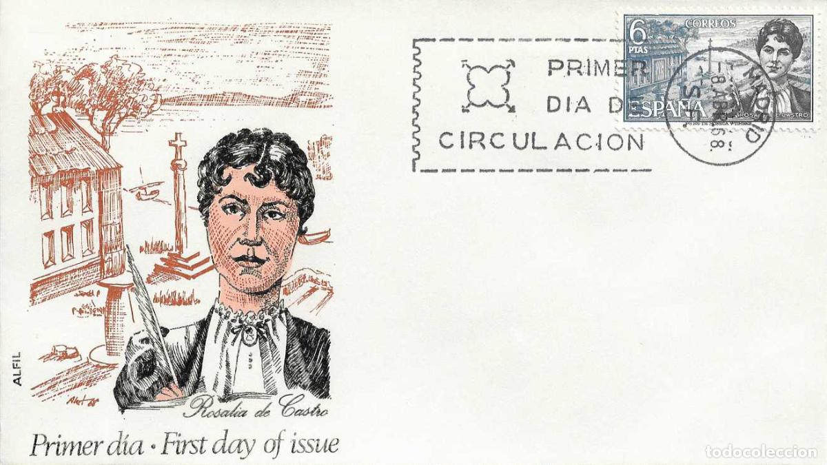 Sellos: ROSALIA DE CASTRO PERSONAJES ESPA&Ntilde;OLES 1968 (EDIFIL 1867) EN SOBRE PRIMER DIA DE ALFIL RARO ASI
