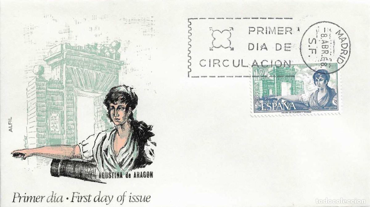 Sellos: AGUSTINA DE ARAGON PERSONAJES ESPA&Ntilde;OLES 1968 (EDIFIL 1865) EN SOBRE PRIMER DIA DE ALFIL RARO ASI