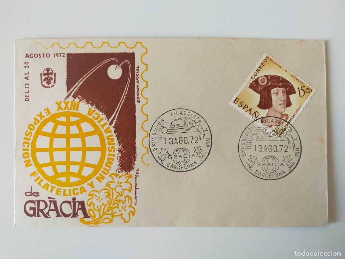 Sellos: Sobre Ilustrado de la XXIII Exposici&oacute;n Filat&eacute;lica de Gr&aacute;cia (Barcelona) 1972. Tema Espacio.