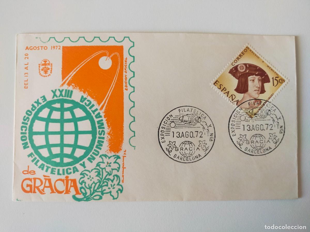 Sellos: Sobre Ilustrado de la XXIII Exposici&oacute;n Filat&eacute;lica de Gr&aacute;cia (Barcelona) 1972. Tema Espacio.