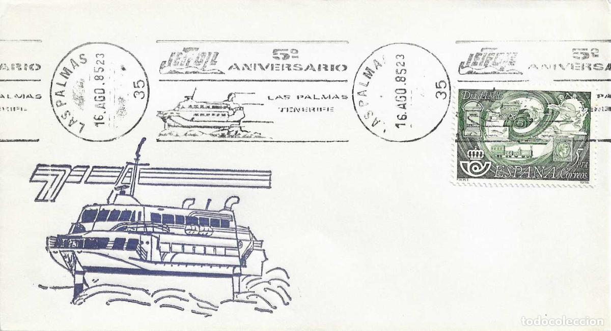 Sellos: BARCOS JETFOIL V ANIVERSARIO, LAS PALMAS (CANARIAS) 1985. MATASELLOS RODILLO EN RARO SOBRE ILUSTRADO