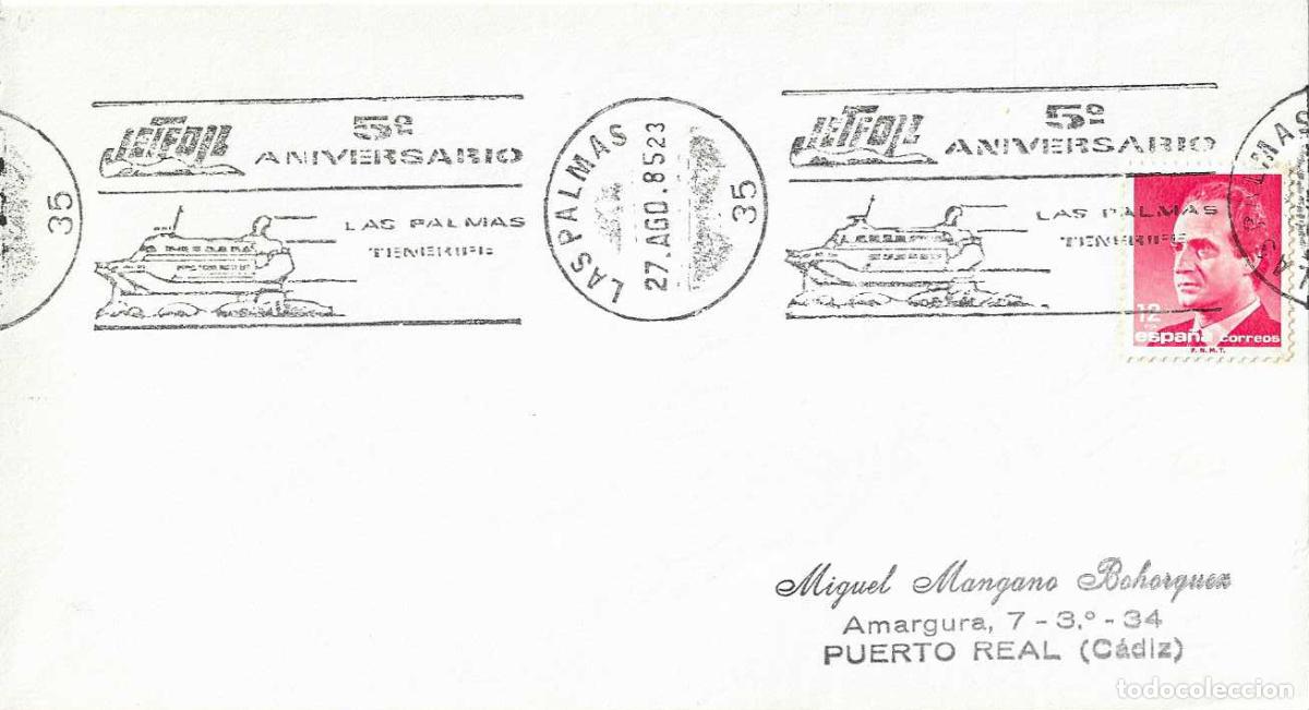 Sellos: BARCOS JETFOIL V ANIVERSARIO, LAS PALMAS (CANARIAS) 1985. RARO MATASELLOS RODILLO EN SOBRE DIRIGIDO
