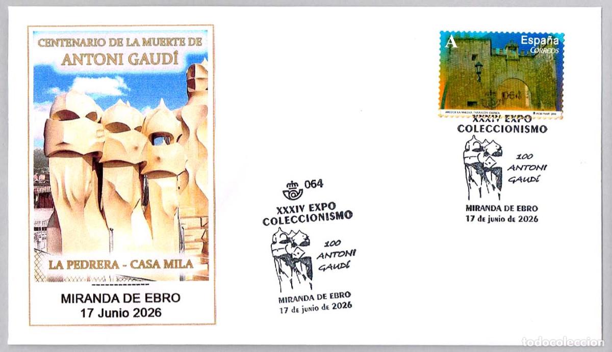Sellos: Matasellos CENTENARIO MUERTE DE ANTONI GAUDI. Miranda de Ebro, Burgos, 2026