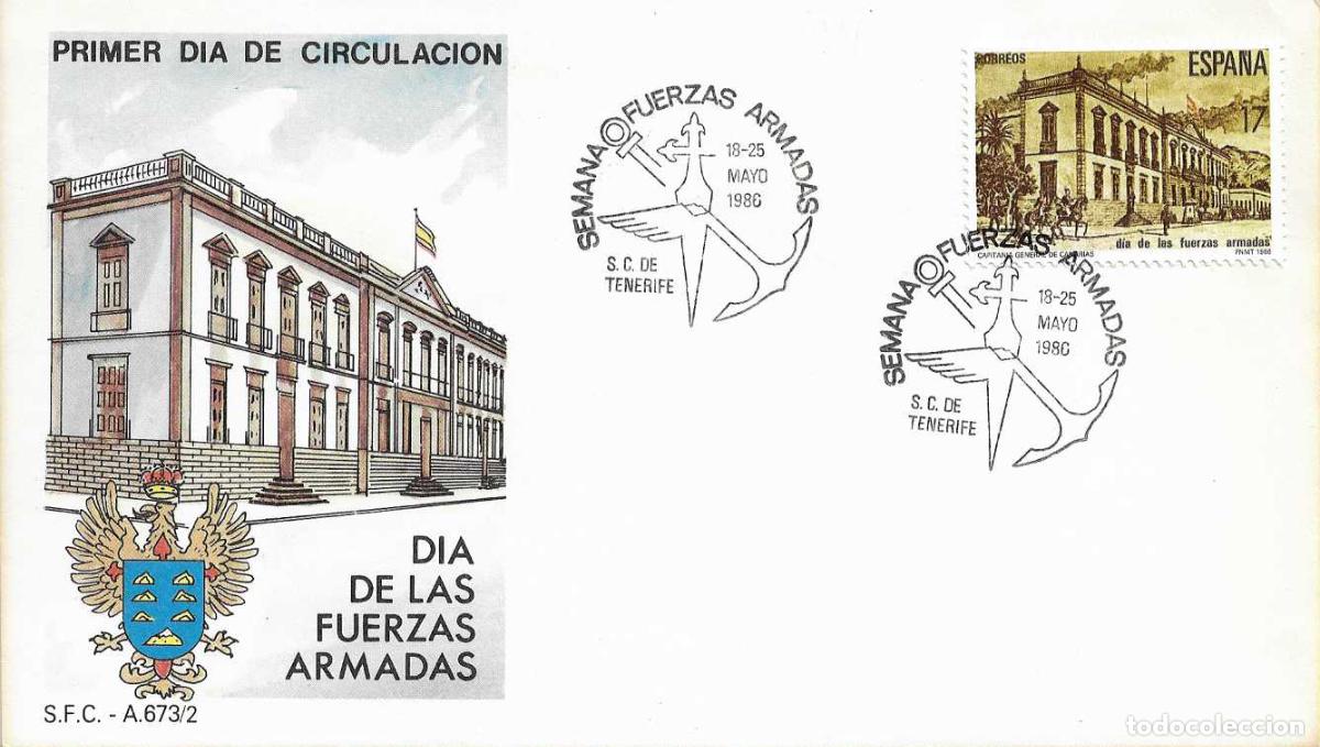 Sellos: SEMANA FUERZAS ARMADAS SANTA CRUZ DE TENERIFE (CANARIAS) 1986 MATASELLOS SOBRE SFC SIN CIRCULAR RARO