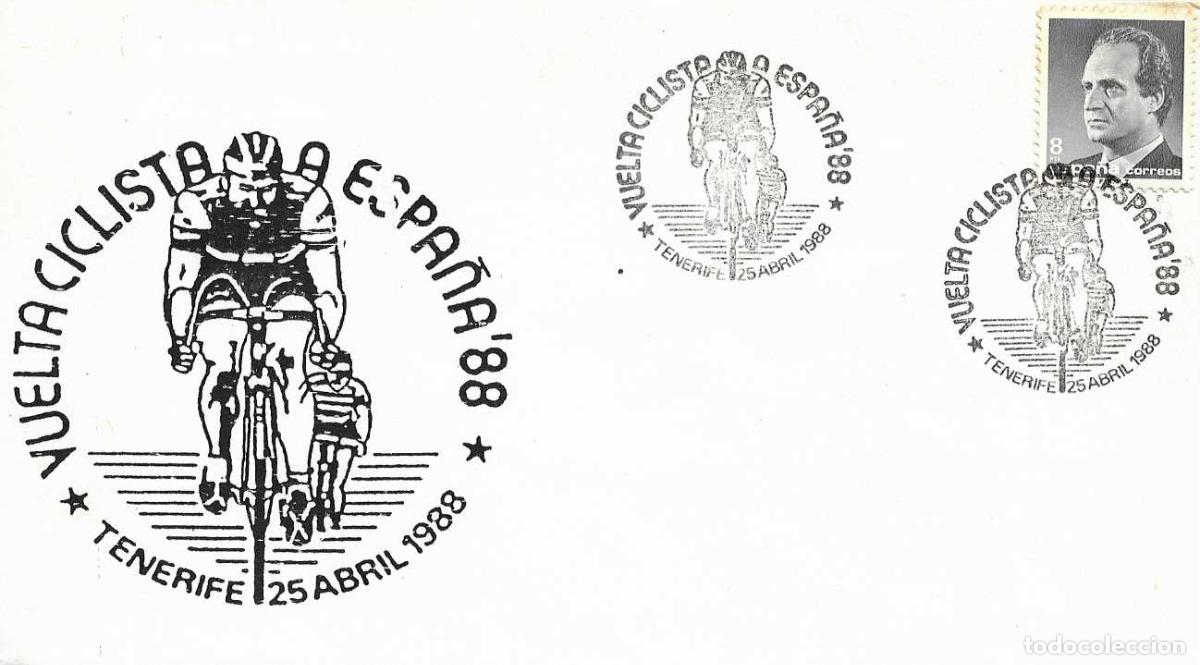 Sellos: CICLISMO VUELTA CICLISTA A ESPA&Ntilde;A 88, TENERIFE (CANARIAS) 1988. MATASELLOS EN RARO SOBRE ILUSTRADO
