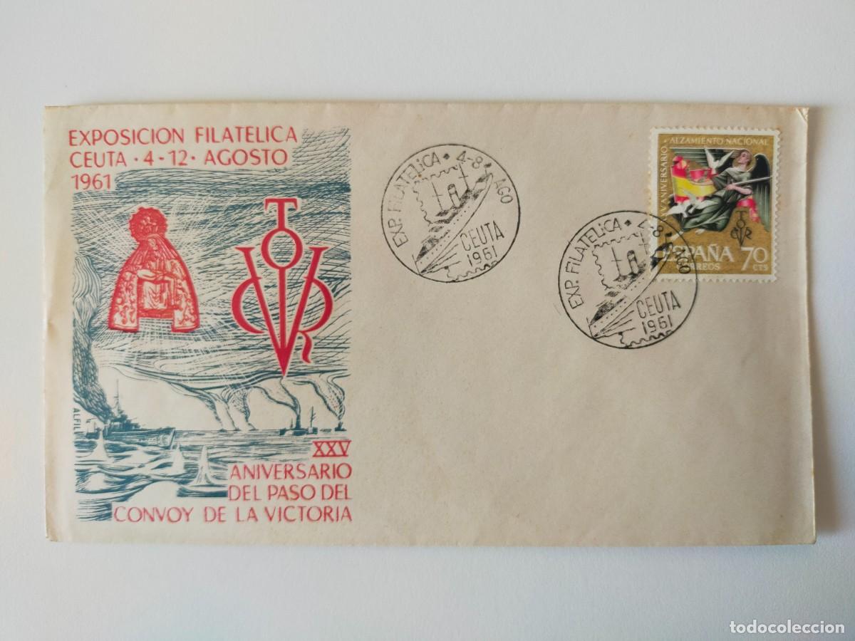 Sellos: Sobre Ilustrado Exposici&oacute;n Filat&eacute;lica Ceuta 1961 - XXV Aniv Convoy de la Victoria (Raro reverso)