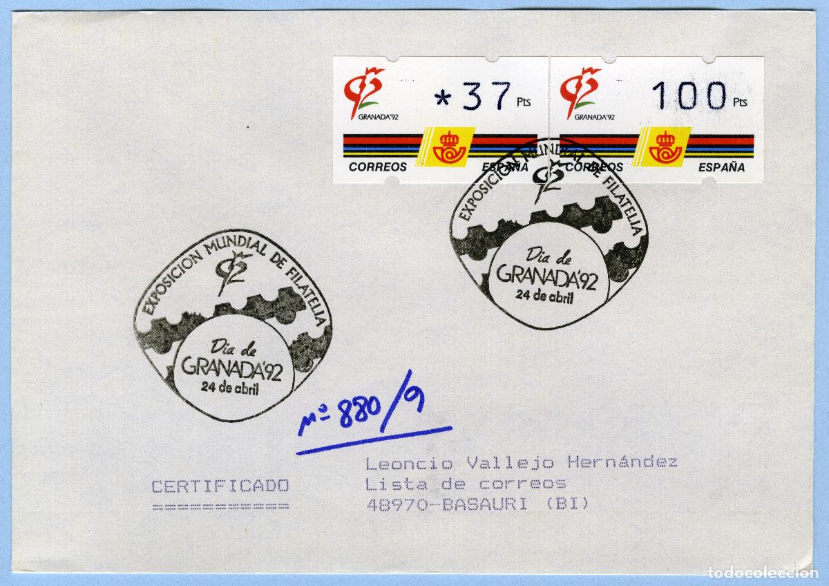 Sellos: ESPA&Ntilde;A 1992 &middot; ATM KL&Uuml;SSENDORF GRANADA'92 37+100p MAT ESPECIAL 24-ABRIL PRIMER DIA CERTIFICADO #G0076