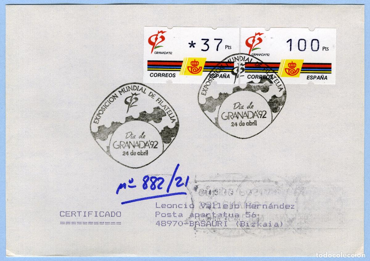Sellos: ESPA&Ntilde;A 1992 &middot; ATM KL&Uuml;SSENDORF GRANADA'92 37+100p MAT ESPECIAL 24-ABRIL PRIMER DIA CERTIFICADO #G0077