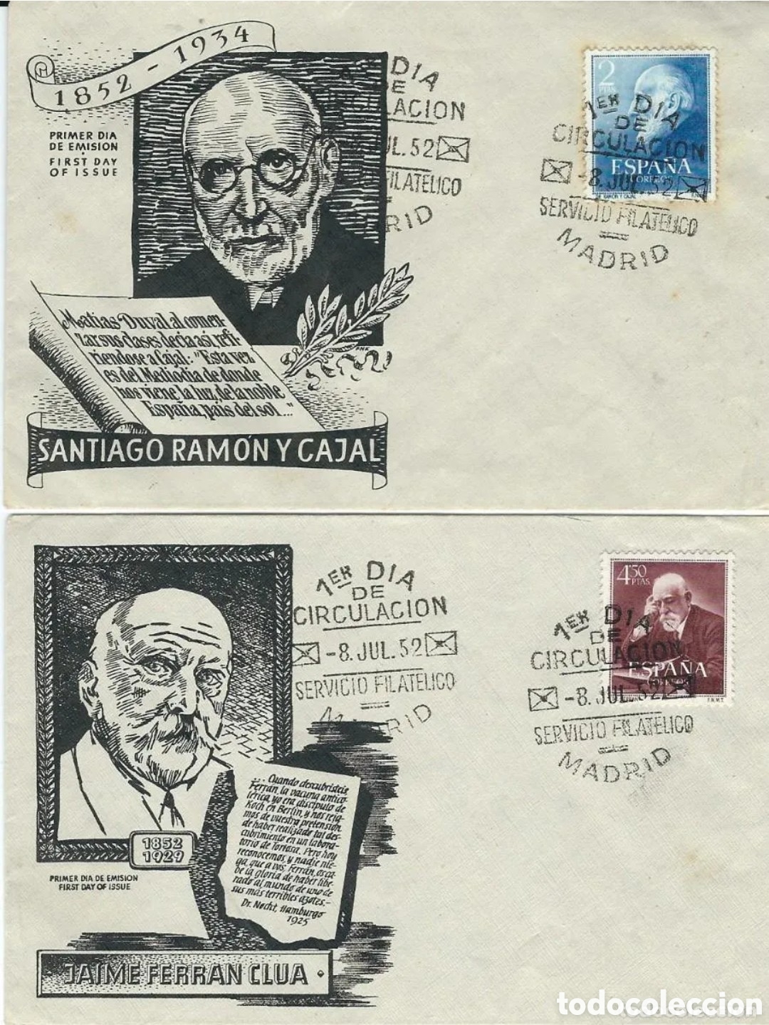 Sellos: ESPA&Ntilde;A 1952 - CAT&Aacute;LOGO EDIFIL 1119/1120 - DOCTORES RAM&Oacute;N Y CAJAL Y FERR&Aacute;N - SOBRES DE PRIMER D&Iacute;A