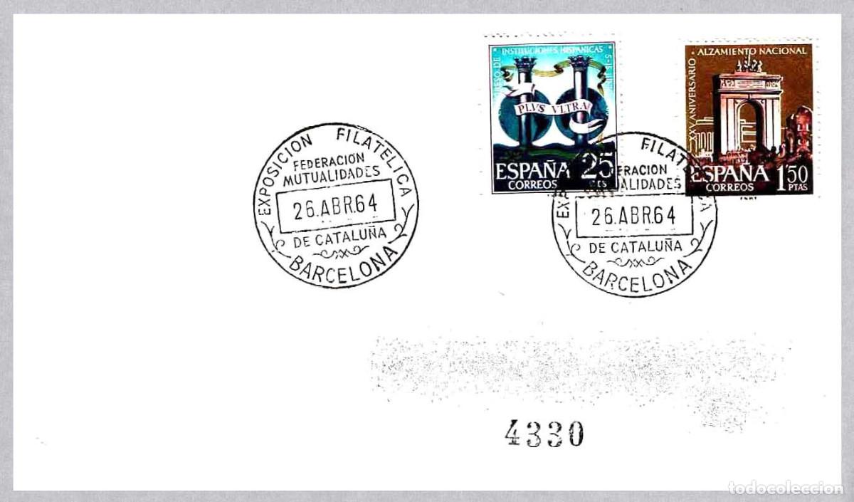 Sellos: Matasellos EXP.FIL. FEDERACION MUTUALIDADES DE CATALU&Ntilde;A. Barcelona 1964