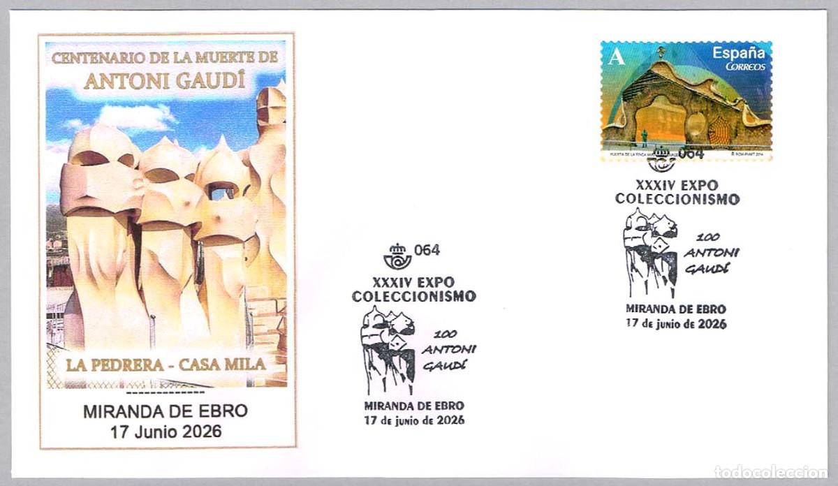 Sellos: Matasellos CENTENARIO MUERTE DE ANTONI GAUDI. Miranda de Ebro, Burgos, 2026