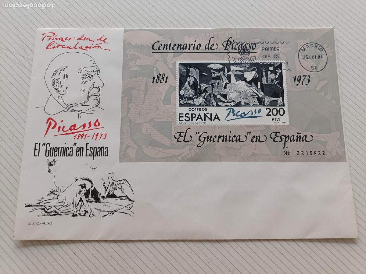 Sellos: SOBRE 1&ordf; DIA DE CIRCULACION PICASSO 1881-1973 EL GUERNICA EN ESPA&Ntilde;A 25-OCT-81