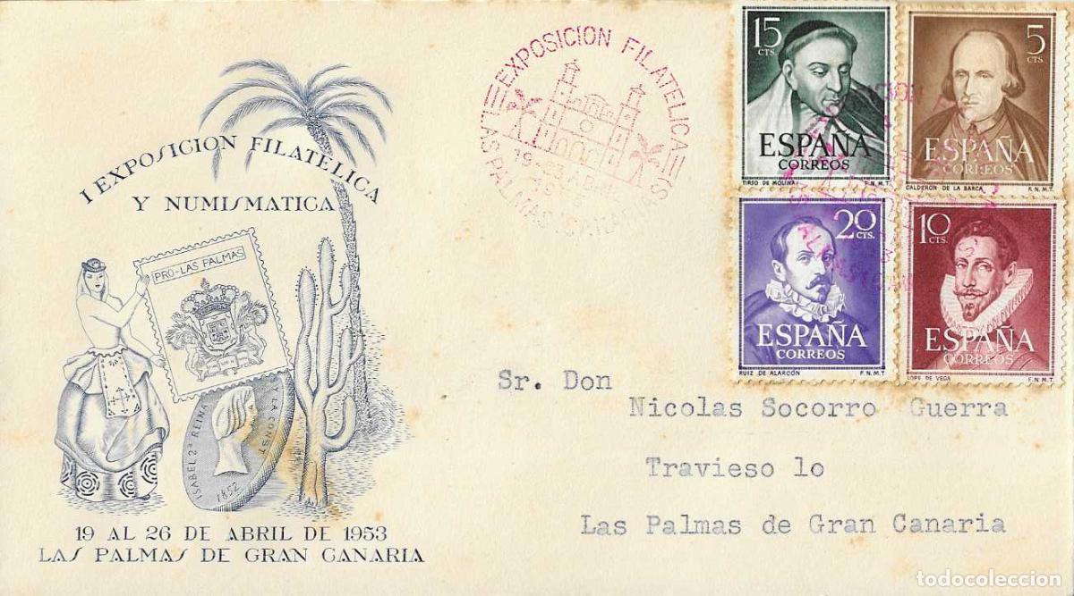 Sellos: RARO MATASELLOS ROJO NO CATALOGADO I EXPOSICION, LAS PALMAS (CANARIAS) 1953 SOBRE CIRCULADO AZUL VER