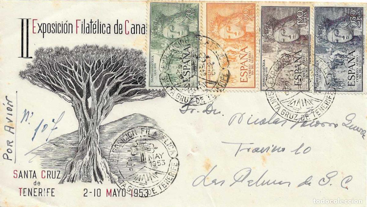 Sellos: RARO SOBRE A NICOLAS SOCORRO GUERRA CON VI&Ntilde;ETA VALIOSO FRANQUEO EXPOSICION SANTA CRUZ TENERIFE 1953