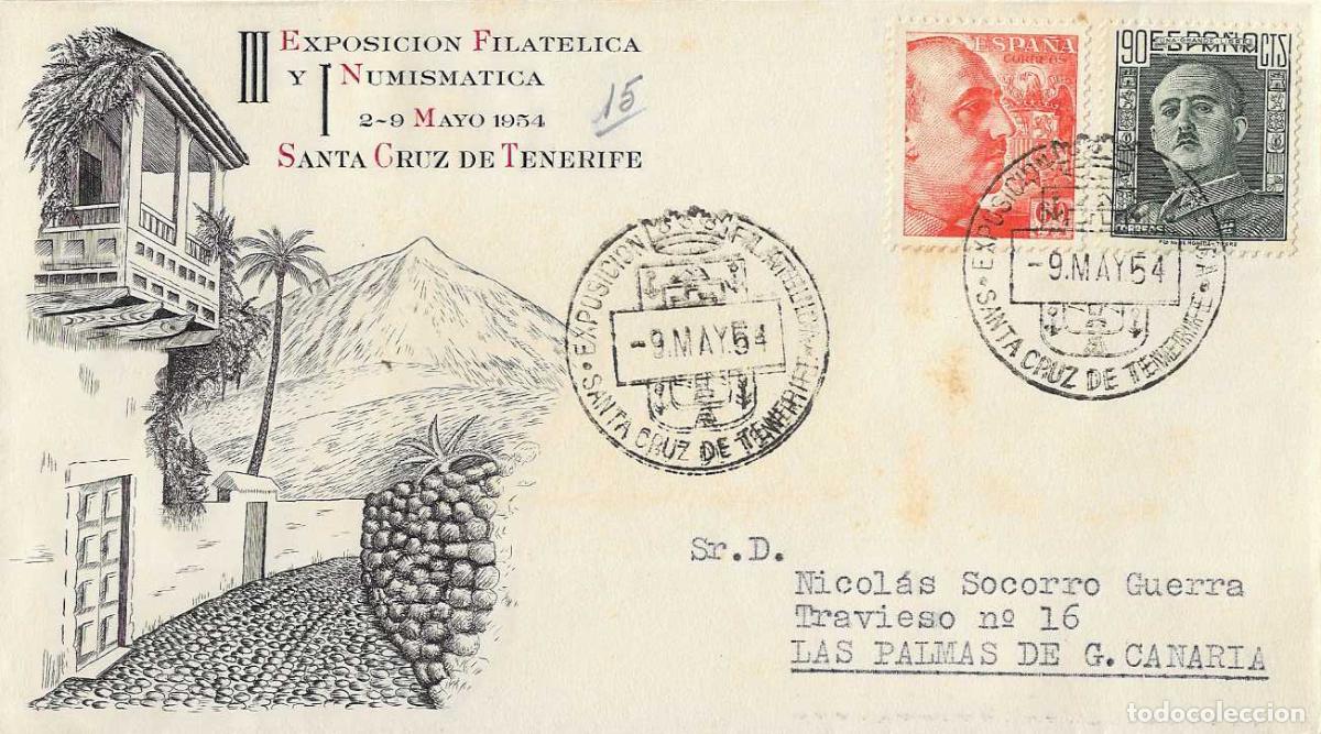 Sellos: III EXPOSICION SANTA CRUZ DE TENERIFE CANARIAS 9 MAYO 1954 MATASELLOS SOBRE A NICOLAS SOCORRO GUERRA
