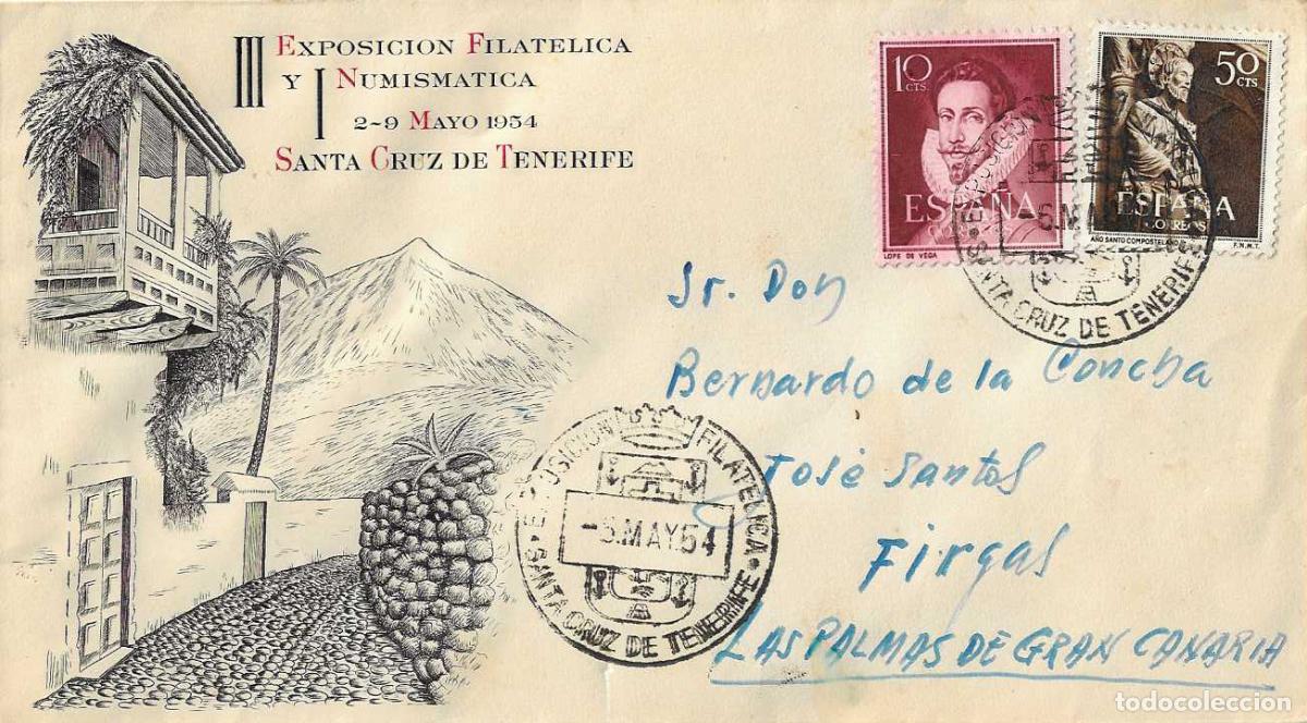 Sellos: III EXPOSICION SANTA CRUZ DE TENERIFE (CANARIAS) 5 MAYO 1954 MATASELLO SOBRE CIRCULADO A FIRGAS RARO