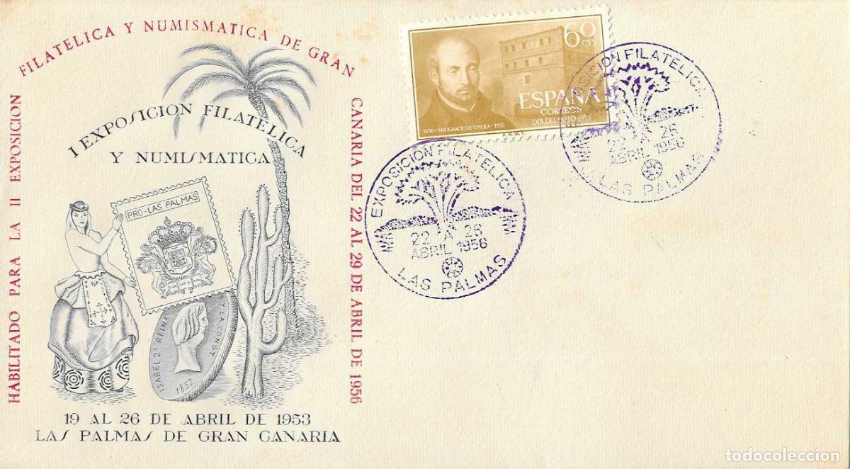 Sellos: MUY RARO II EXPOSICION, LAS PALMAS (CANARIAS) 1956. MATASELLOS VIOLETA EN SOBRE AZUL HABILITADO VER