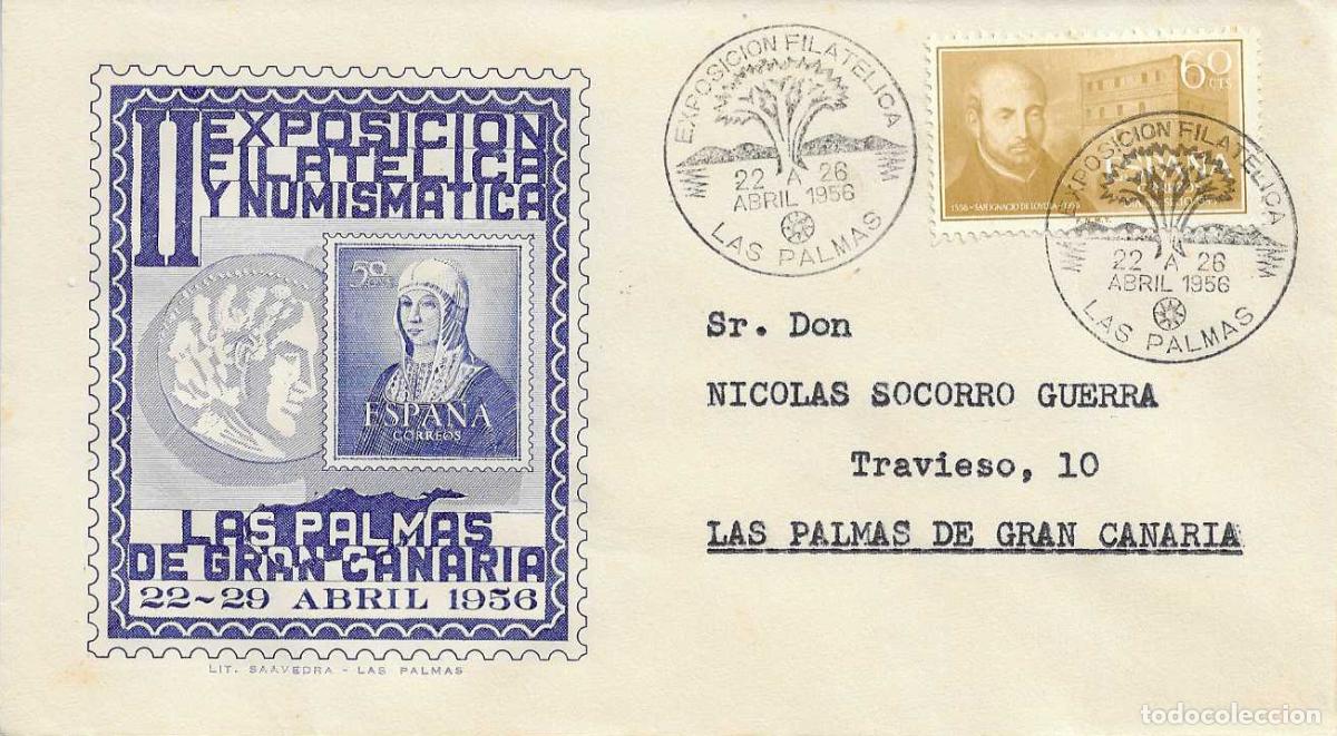Sellos: II EXPOSICION LAS PALMAS (CANARIAS) 1956 MATASELLOS SOBRE CIRCULADO AZUL ISABEL LA CATOLICA RARO VER