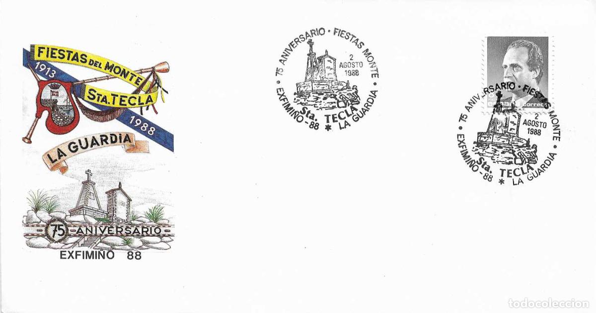 Sellos: EXFIMI&Ntilde;O 88 FIESTAS MONTE SANTA TECLA 75 ANIVER, LA GUARDIA (PONTEVEDRA) 1988. MATASELLOS RARO SOBRE