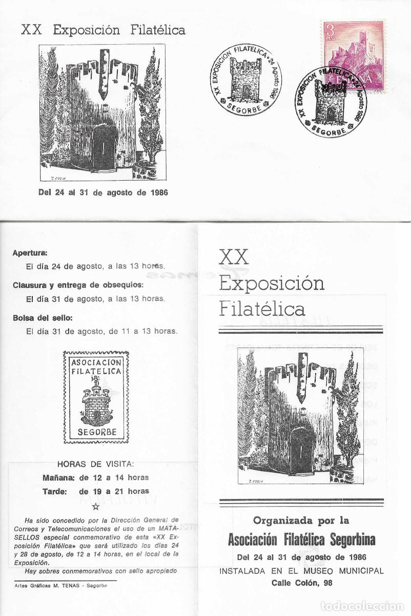 Sellos: EL TORRE&Oacute;N TRAV&Eacute;S XX EXPOSICION, SEGORBE (CASTELL&Oacute;N) 1986. MATASELLOS RARO SOBRE ILUSTRADO+DIPTICO