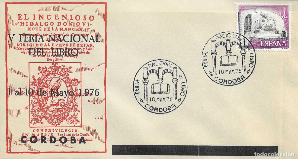 Sellos: DON QUIJOTE CERVANTES SOBRE HABILITADO MATASELLOS FERIA DEL LIBRO CORDOBA 10 MAYO 1976 RARO ASI