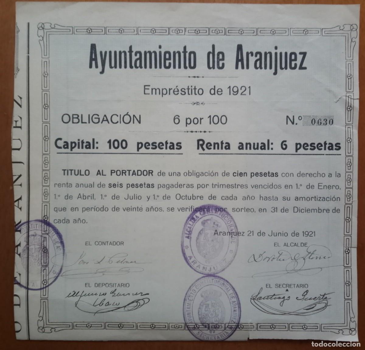 Sellos: Ayuntamiento de Aranjuez (Madrid). Empr&eacute;stito de 1921