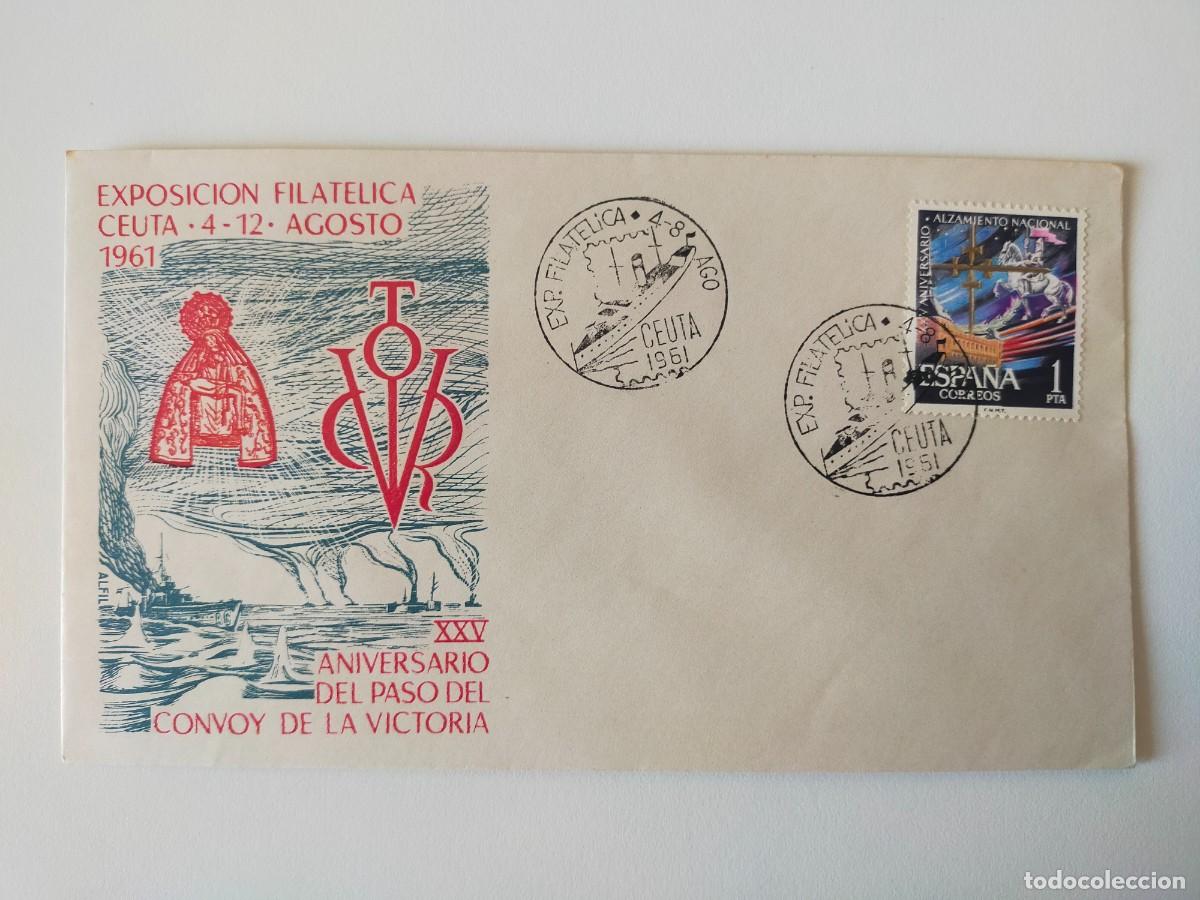 Sellos: Sobre Exposici&oacute;n Filat&eacute;lica Ceuta 1961 - XXV Aniv del paso del Convoy de la Victoria (Raro reverso)