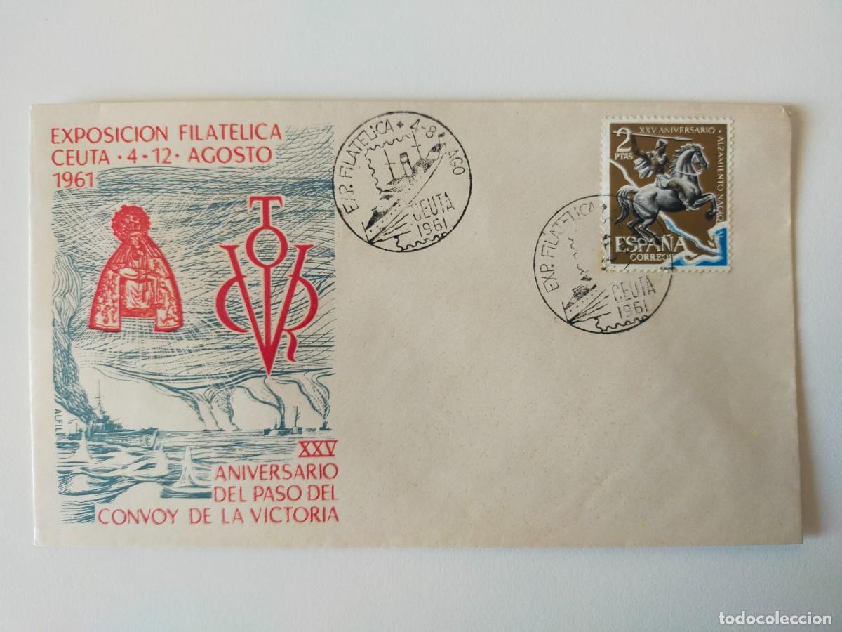Sellos: Sobre Exposici&oacute;n Filat&eacute;lica Ceuta 1961 - XXV Aniv del paso del Convoy de la Victoria (Raro reverso)