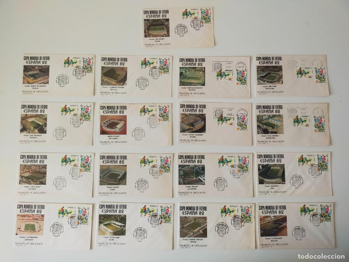 Sellos: 17 Sobres Primer d&iacute;a de Circulaci&oacute;n: Copa Mundial de F&uacute;tbol ESPA&Ntilde;A 82 (Las 17 Sedes del Mundial 82)